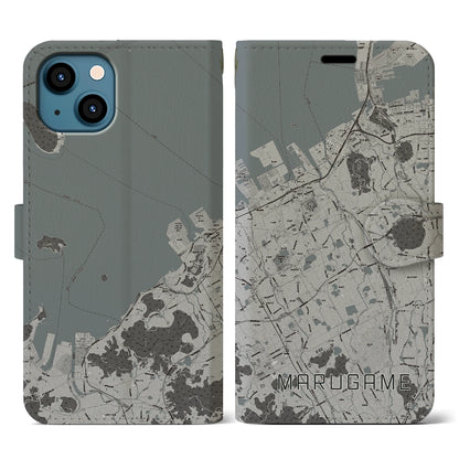 【丸亀（香川県）】地図柄iPhoneケース（手帳タイプ）モノトーン・iPhone 13 用