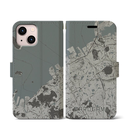 【丸亀（香川県）】地図柄iPhoneケース（手帳タイプ）モノトーン・iPhone 13 mini 用