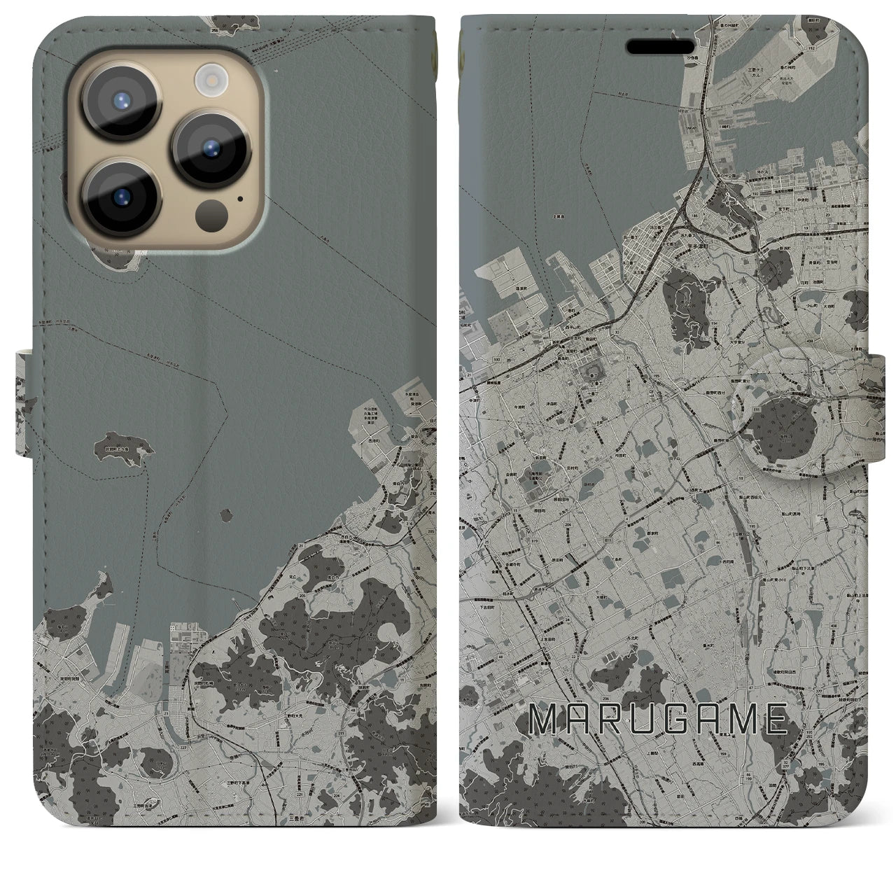 【丸亀】地図柄iPhoneケース（手帳両面タイプ・モノトーン）iPhone 14 Pro Max 用