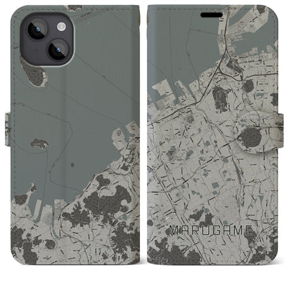 【丸亀（香川県）】地図柄iPhoneケース（手帳タイプ）モノトーン・iPhone 14 Plus 用