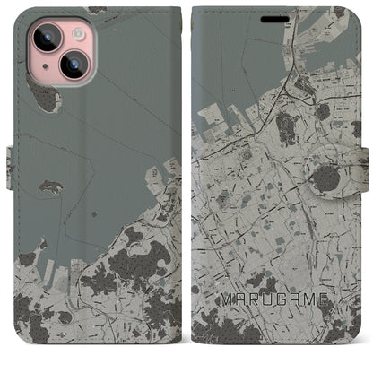 【丸亀（香川県）】地図柄iPhoneケース（手帳タイプ）モノトーン・iPhone 15 Plus 用