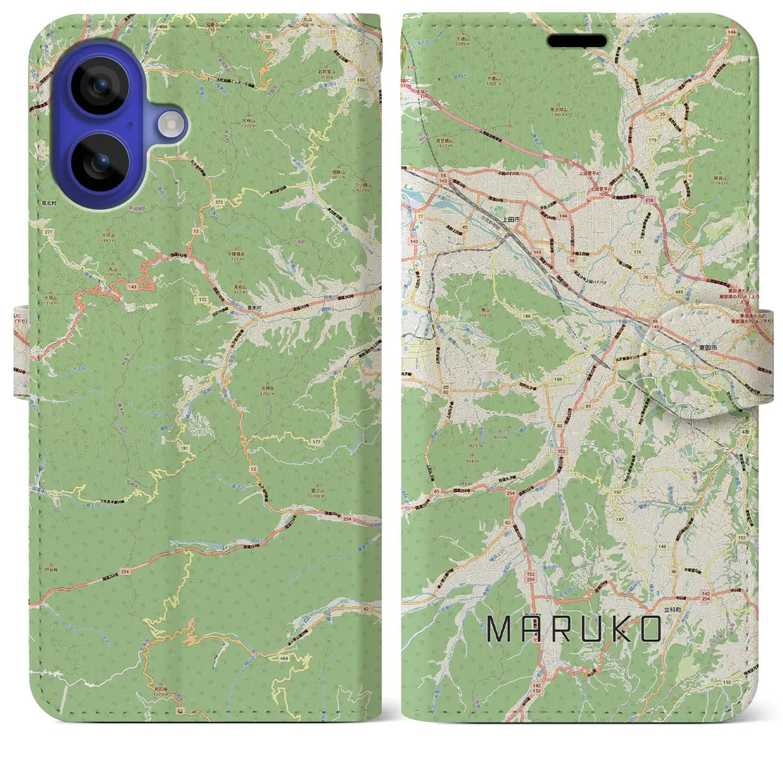 【丸子（長野県）】地図柄iPhoneケース（手帳タイプ）モノトーン・iPhone 16 Pro Max 用