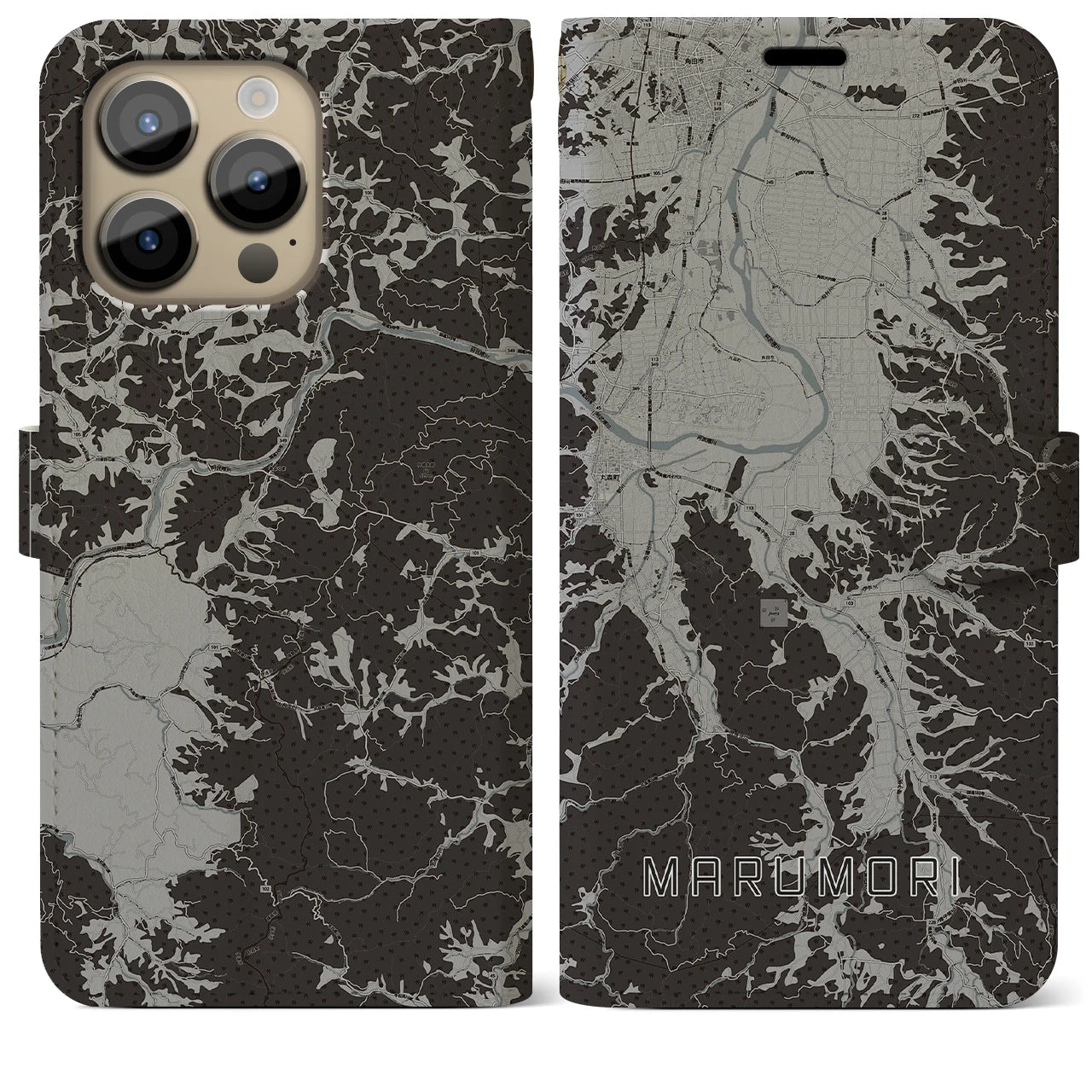 【丸森】地図柄iPhoneケース（手帳両面タイプ・モノトーン）iPhone 14 Pro Max 用