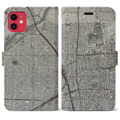 【丸の内（愛知県）】地図柄iPhoneケース（手帳タイプ）モノトーン・iPhone 11 用