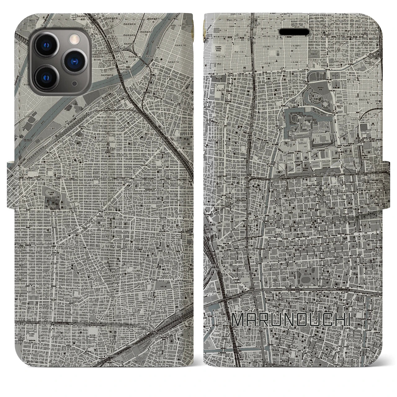 【丸の内】地図柄iPhoneケース（手帳両面タイプ・モノトーン）iPhone 11 Pro Max 用