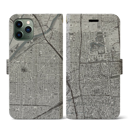 【丸の内（愛知県）】地図柄iPhoneケース（手帳タイプ）モノトーン・iPhone 11 Pro 用