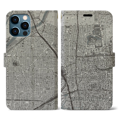 【丸の内（愛知県）】地図柄iPhoneケース（手帳タイプ）モノトーン・iPhone 12 / 12 Pro 用