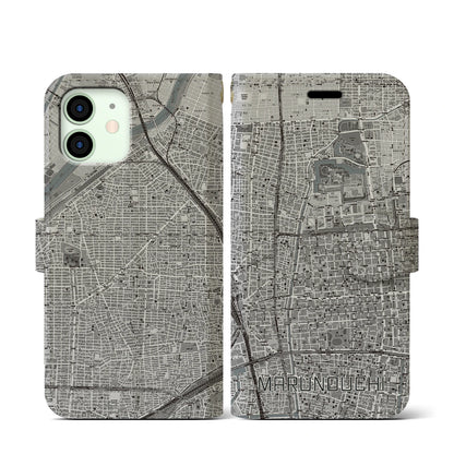 【丸の内（愛知県）】地図柄iPhoneケース（手帳タイプ）モノトーン・iPhone 12 mini 用