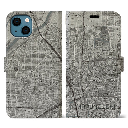 【丸の内（愛知県）】地図柄iPhoneケース（手帳タイプ）モノトーン・iPhone 13 用
