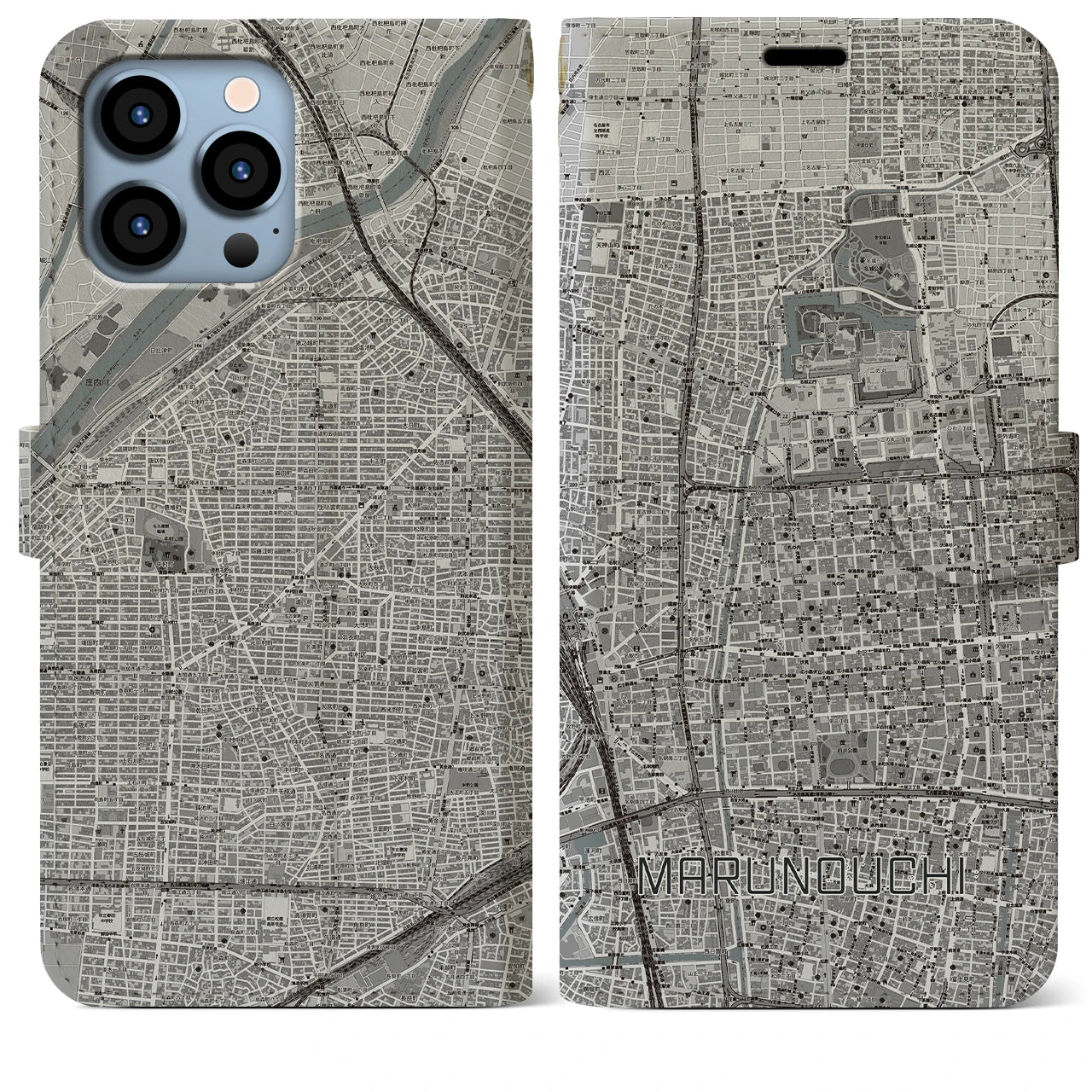 【丸の内】地図柄iPhoneケース（手帳両面タイプ・モノトーン）iPhone 13 Pro Max 用