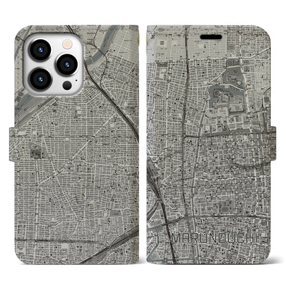 【丸の内（愛知県）】地図柄iPhoneケース（手帳タイプ）モノトーン・iPhone 13 Pro 用