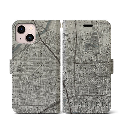 【丸の内（愛知県）】地図柄iPhoneケース（手帳タイプ）モノトーン・iPhone 13 mini 用