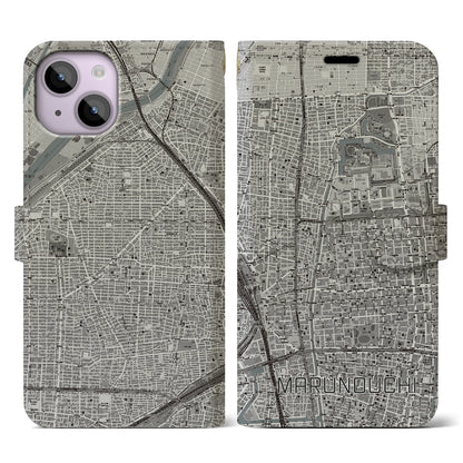 【丸の内（愛知県）】地図柄iPhoneケース（手帳タイプ）モノトーン・iPhone 14 用