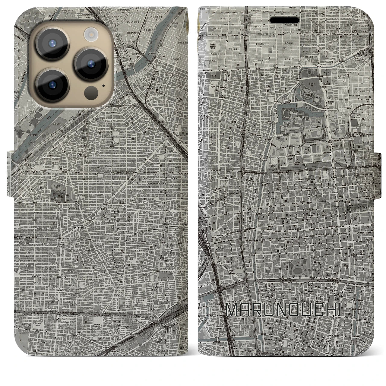 【丸の内】地図柄iPhoneケース（手帳両面タイプ・モノトーン）iPhone 14 Pro Max 用