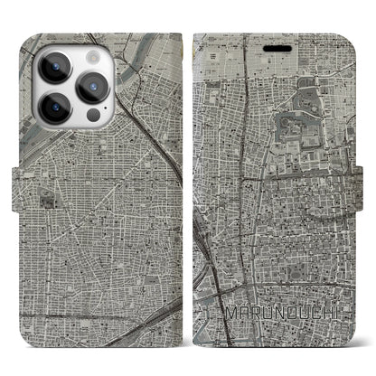 【丸の内（愛知県）】地図柄iPhoneケース（手帳タイプ）モノトーン・iPhone 14 Pro 用