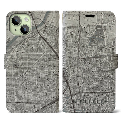 【丸の内（愛知県）】地図柄iPhoneケース（手帳タイプ）モノトーン・iPhone 15 用