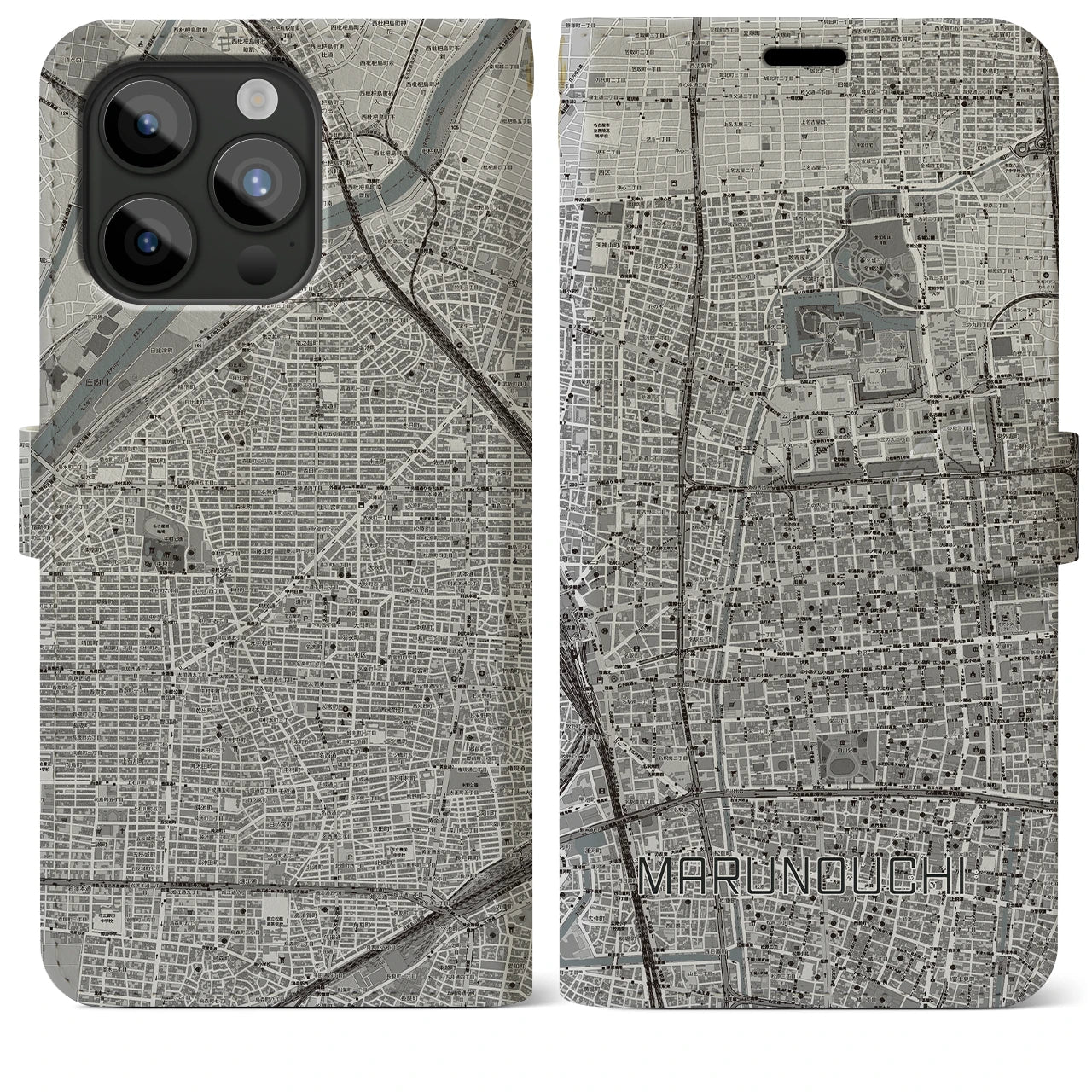 【丸の内】地図柄iPhoneケース（手帳両面タイプ・モノトーン）iPhone 15 Pro Max 用