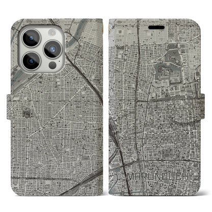 【丸の内（愛知県）】地図柄iPhoneケース（手帳タイプ）モノトーン・iPhone 15 Pro 用