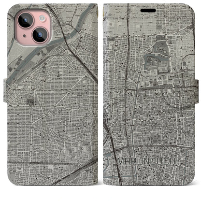【丸の内（愛知県）】地図柄iPhoneケース（手帳タイプ）モノトーン・iPhone 15 Plus 用