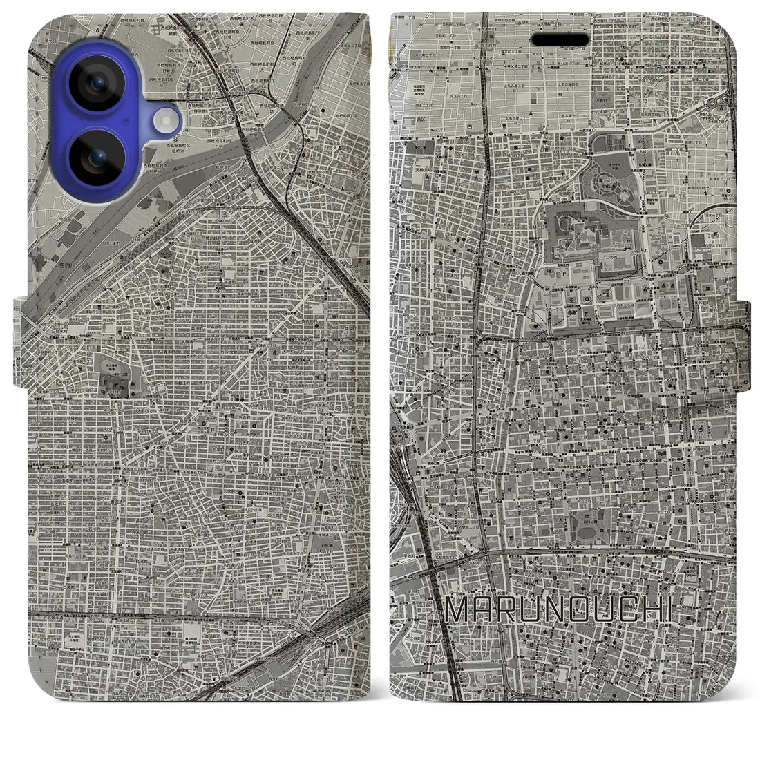 【丸の内(愛知県)】地図柄iPhoneケース(手帳タイプ)モノトーン・iPhone 16 Pro Max 用