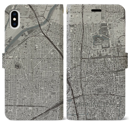 【丸の内（愛知県）】地図柄iPhoneケース（手帳タイプ）モノトーン・iPhone XS Max 用