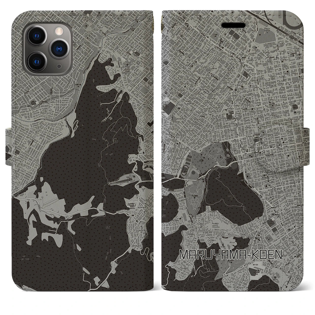 【円山公園】地図柄iPhoneケース（手帳両面タイプ・モノトーン）iPhone 11 Pro Max 用