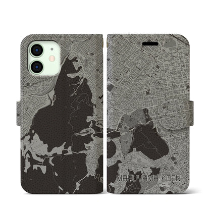 【円山公園（北海道）】地図柄iPhoneケース（手帳タイプ）モノトーン・iPhone 12 mini 用