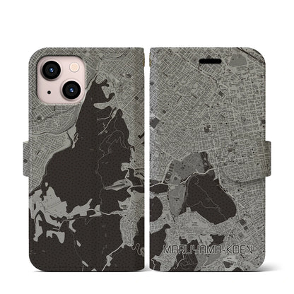 【円山公園（北海道）】地図柄iPhoneケース（手帳タイプ）モノトーン・iPhone 13 mini 用