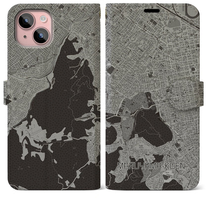 【円山公園（北海道）】地図柄iPhoneケース（手帳タイプ）モノトーン・iPhone 15 Plus 用