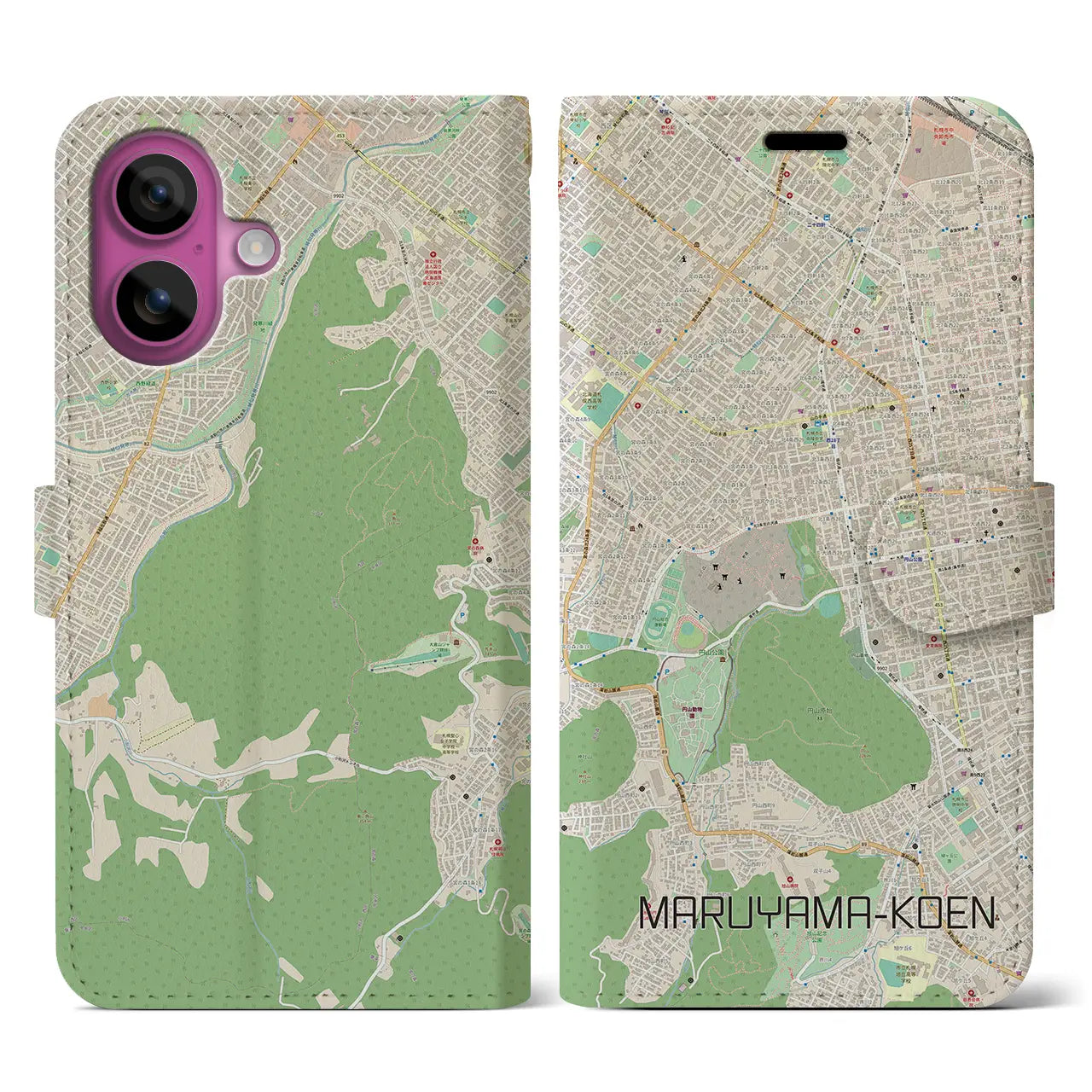 【円山公園（北海道）】地図柄iPhoneケース（手帳タイプ）ナチュラル・iPhone 16 Pro 用