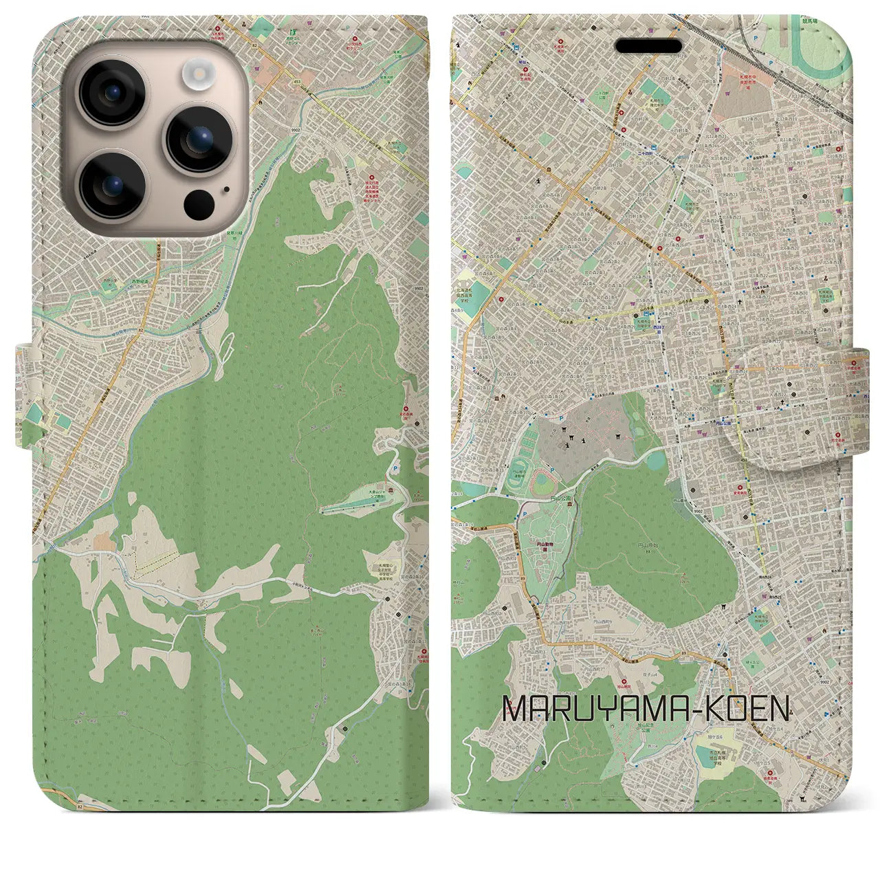 【円山公園（北海道）】地図柄iPhoneケース（手帳タイプ）ナチュラル・iPhone 16 Plus 用