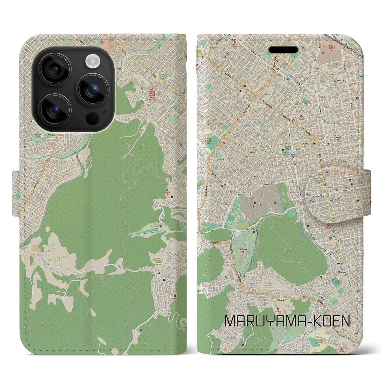 【円山公園（北海道）】地図柄iPhoneケース（手帳タイプ）ナチュラル・iPhone 16 用