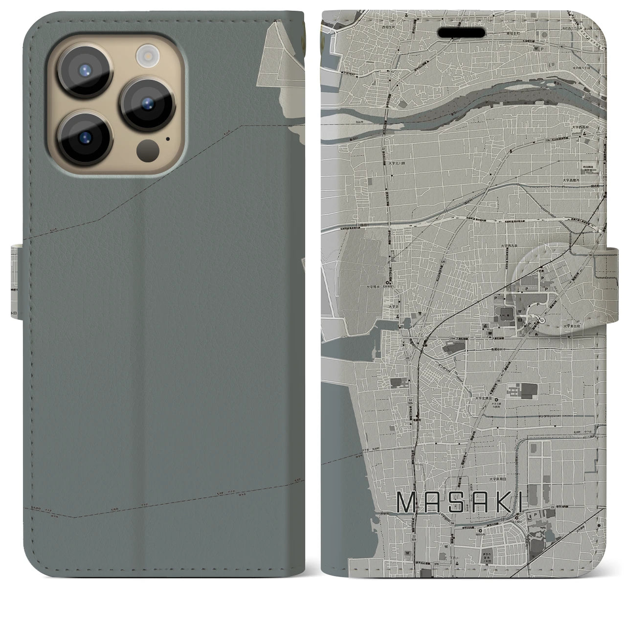 【松前】地図柄iPhoneケース（手帳両面タイプ・モノトーン）iPhone 14 Pro Max 用