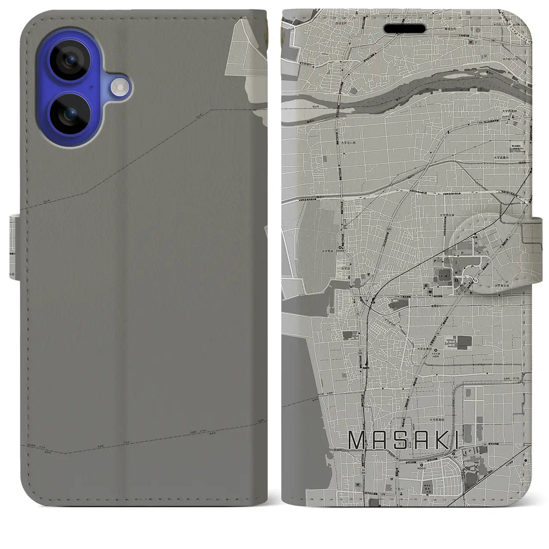 【松前(愛媛県)】地図柄iPhoneケース(手帳タイプ)モノトーン・iPhone 16 Pro Max 用