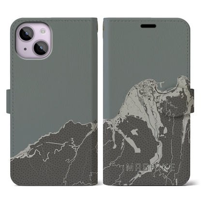 【増毛（北海道）】地図柄iPhoneケース（手帳タイプ）モノトーン・iPhone 14 用