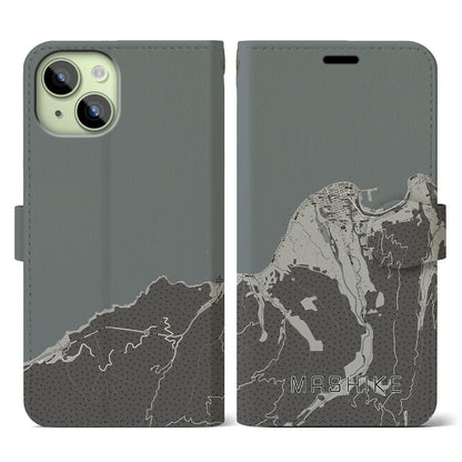 【増毛（北海道）】地図柄iPhoneケース（手帳タイプ）モノトーン・iPhone 15 用