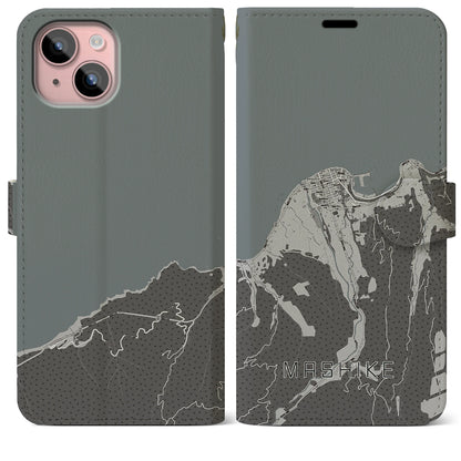 【増毛（北海道）】地図柄iPhoneケース（手帳タイプ）モノトーン・iPhone 15 Plus 用