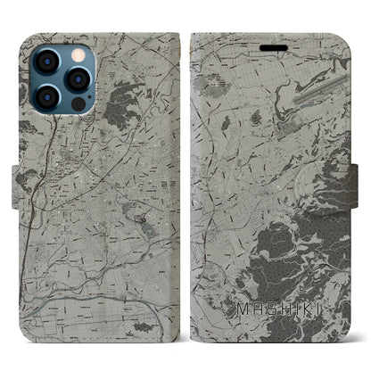 【益城（熊本県）】地図柄iPhoneケース（手帳タイプ）モノトーン・iPhone 12 / 12 Pro 用