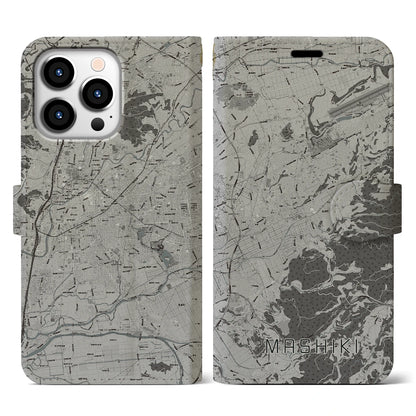 【益城（熊本県）】地図柄iPhoneケース（手帳タイプ）モノトーン・iPhone 13 Pro 用