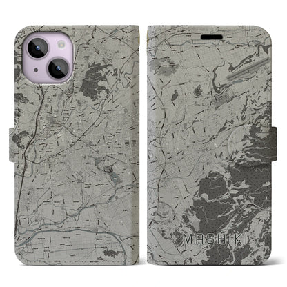 【益城（熊本県）】地図柄iPhoneケース（手帳タイプ）モノトーン・iPhone 14 用