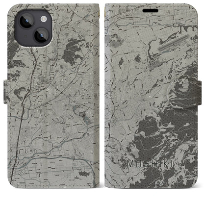 【益城（熊本県）】地図柄iPhoneケース（手帳タイプ）モノトーン・iPhone 14 Plus 用