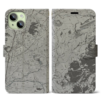 【益城（熊本県）】地図柄iPhoneケース（手帳タイプ）モノトーン・iPhone 15 用