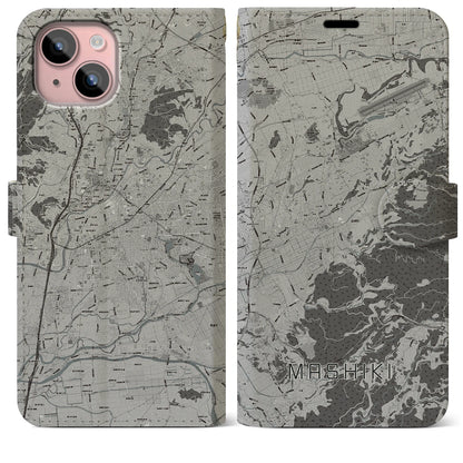 【益城（熊本県）】地図柄iPhoneケース（手帳タイプ）モノトーン・iPhone 15 Plus 用