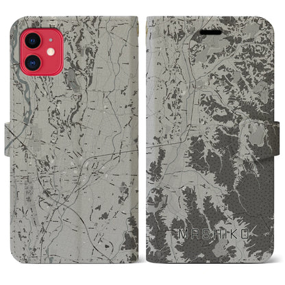 【益子（栃木県）】地図柄iPhoneケース（手帳タイプ）モノトーン・iPhone 11 用