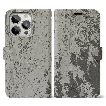 【益子（栃木県）】地図柄iPhoneケース（手帳タイプ）モノトーン・iPhone 15 Pro 用