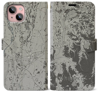 【益子（栃木県）】地図柄iPhoneケース（手帳タイプ）モノトーン・iPhone 15 Plus 用