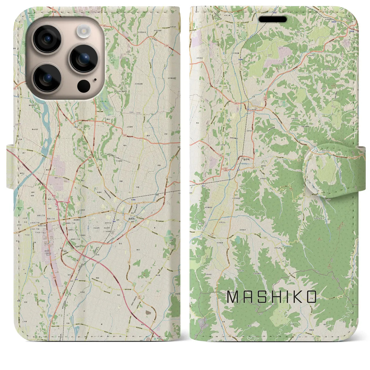 【益子（栃木県）】地図柄iPhoneケース（手帳タイプ）ナチュラル・iPhone 16 Plus 用