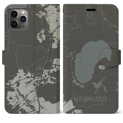 【摩周湖（北海道）】地図柄iPhoneケース（手帳タイプ）モノトーン・iPhone 11 Pro Max 用