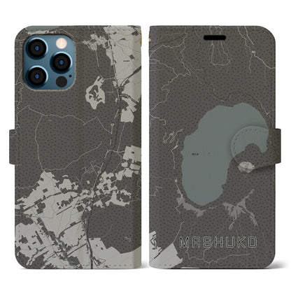 【摩周湖（北海道）】地図柄iPhoneケース（手帳タイプ）モノトーン・iPhone 12 / 12 Pro 用