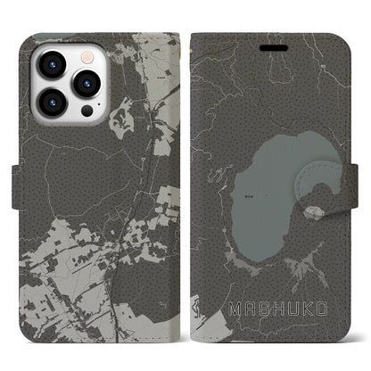 【摩周湖（北海道）】地図柄iPhoneケース（手帳タイプ）モノトーン・iPhone 13 Pro 用